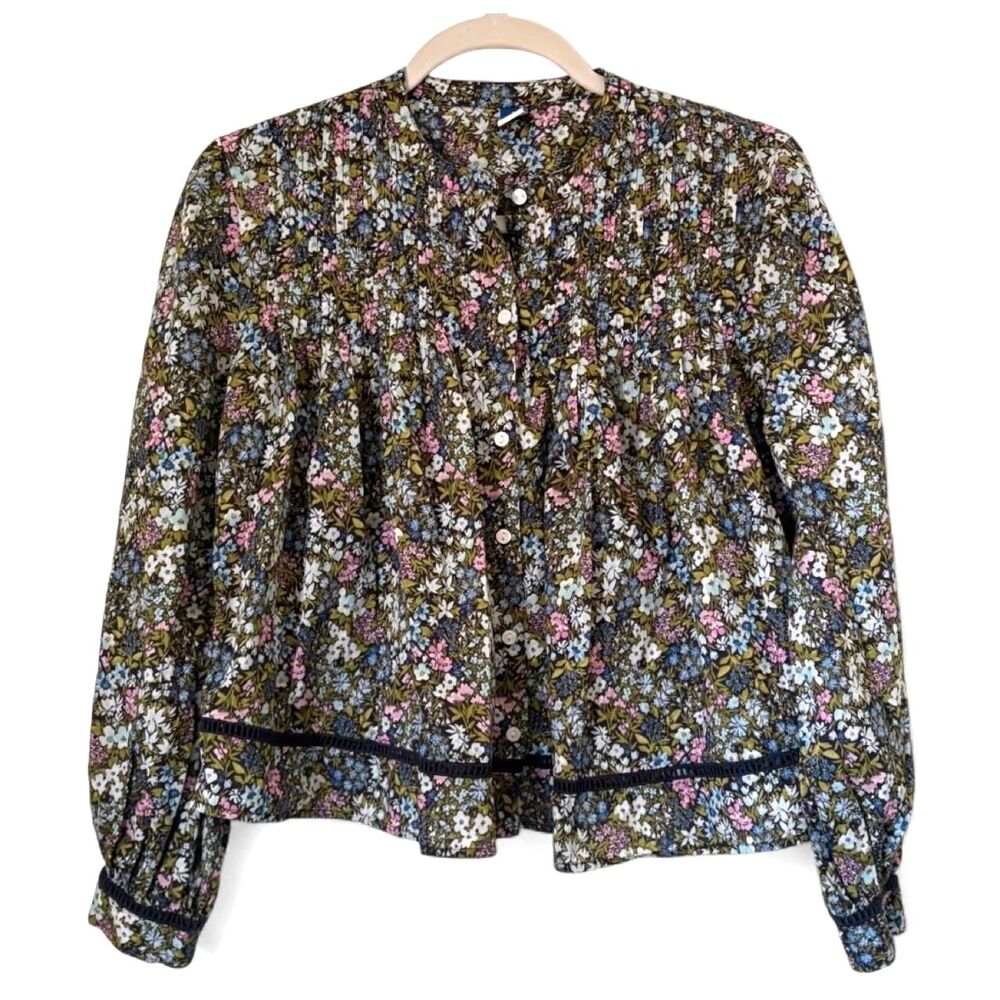 Old Navy Floral Pintuck Blouse M Cotton Lace Trim Peasant Top Cropped